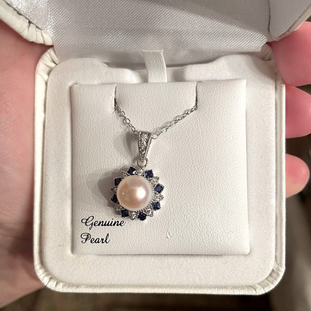 Genuine Pearl and Sapphire Pendant Necklace